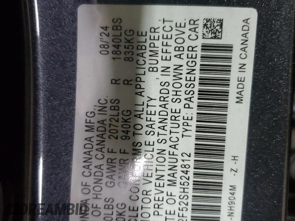 2025 Honda Civic Sport z VIN 2HGFE2F52SH524812, wystawiony jako Copart lot #56414975 z przebiegiem 5 928 mil mil oraz Szkoda całkowita • Salvage title. Historia ofert i sprzedaży dostępna na DreamBid. Obrazek 12.