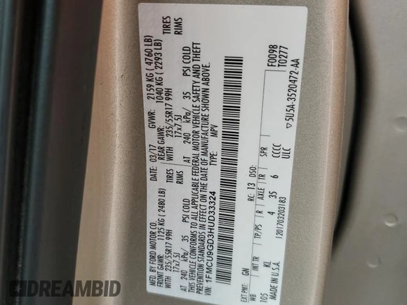 2017 Ford Escape SE with VIN 1FMCU9GD3HUD33324, listed as a Copart auction lot 56020415 with 139,106 mi miles and Clean Title. Bid and sale history available at DreamBid. Image 12.