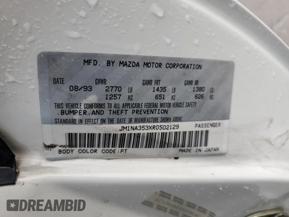 1994 Mazda MX-5 Miata with VIN JM1NA353XR0502129, listed as a Copart auction lot 42827275 with Not provided miles and Salvage title. Bid and sale history available at DreamBid. Image 13.