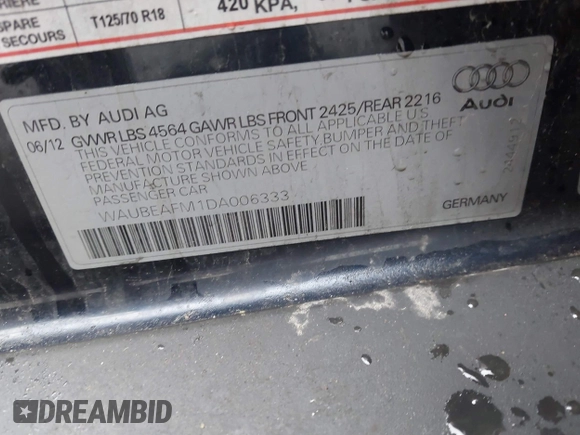2013 Audi A3 Premium with VIN WAUBEAFM1DA006333, listed as a IAAI auction lot 41846963 with 101,946 mi miles and . Bid and sale history available at DreamBid. Image 9.