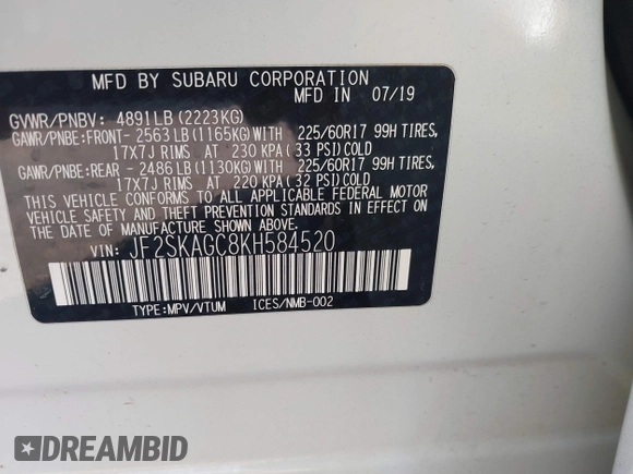 2019 Subaru Forester Premium with VIN JF2SKAGC8KH584520, listed as a IAAI auction lot 41805460 with 55,064 mi miles. Bid and sale history available at carsss.com. Image 9.