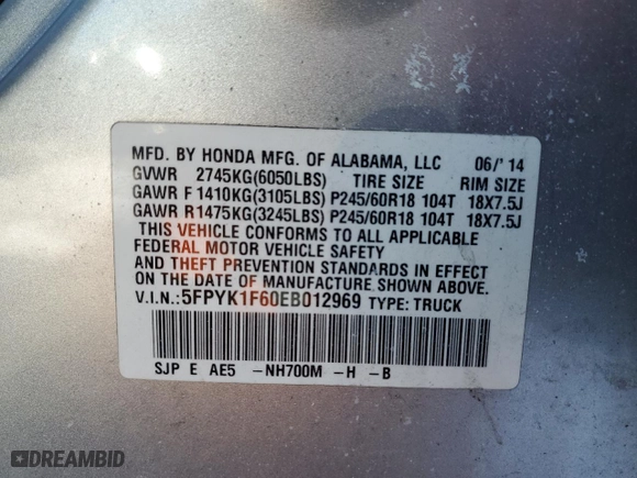 2014 Honda Ridgeline SE with VIN 5FPYK1F60EB012969, listed as a Copart auction lot 46151185 with 0 mi miles and Salvage Title. Bid and sale history available at carsss.com. Image 12.