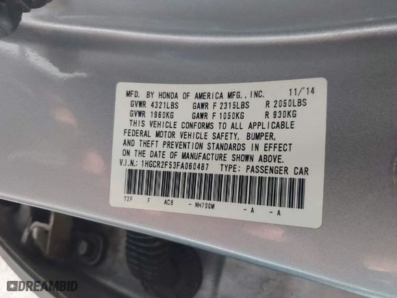 2015 Honda Accord Sedan Sport with VIN 1HGCR2F53FA060487, listed as a IAAI auction lot 41350122 with 153,940 mi miles. Bid and sale history available at carsss.com. Image 9.