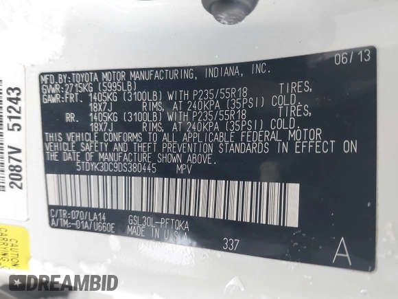 2013 Toyota Sienna XLE AAS with VIN 5TDYK3DC9DS380445, listed as a IAAI auction lot 41308312 with 174,325 mi miles and . Bid and sale history available at DreamBid. Image 9.