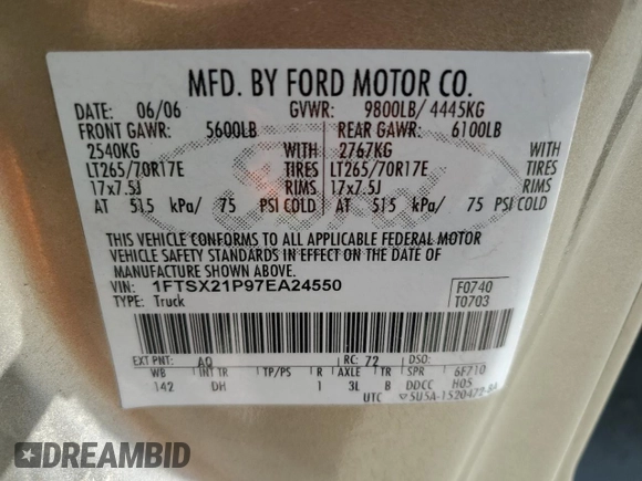 2007 Ford F-250 XL with VIN 1FTSX21P97EA24550, listed as a Copart auction lot 53909585 with 124,524 mi miles and Clean title. Bid and sale history available at DreamBid. Image 12.