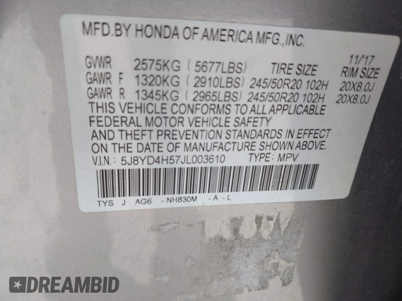2018 Acura MDX Technology with VIN 5J8YD4H57JL003610, listed as a IAAI auction lot 42127585 with 82,633 mi miles and . Bid and sale history available at DreamBid. Image 9.