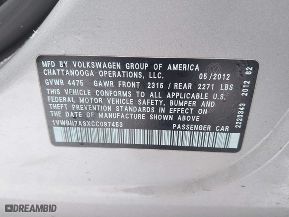 2012 Volkswagen Passat SE w/Sunroof with VIN 1VWBH7A3XCC097453, listed as a IAAI auction lot 41623676 with 155,721 mi miles. Bid and sale history available at carsss.com. Image 9.