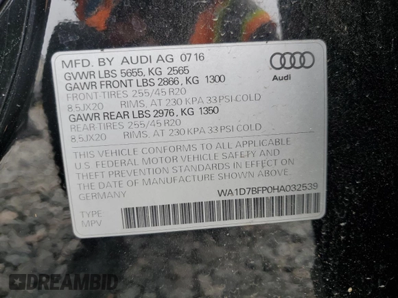 2017 Audi Q5 with VIN WA1D7BFP0HA032539, listed as a Copart auction lot 45712764 with 99,623 mi miles and . Bid and sale history available at DreamBid. Image 15.
