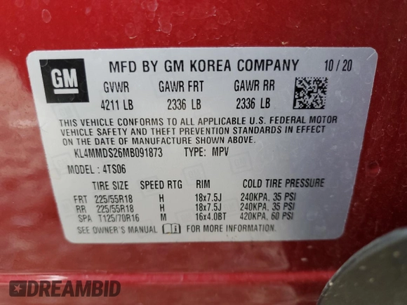 2021 Buick Encore GX Select с VIN KL4MMDS26MB091873, выставлен на аукционе Copart как лот 55977255 с пробегом 80 802 миль миль и Списание • Salvage title. История ставок и продаж доступна на DreamBid. Изображение 13.