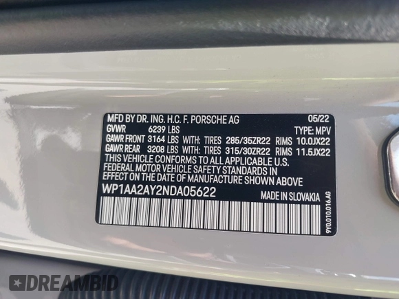 2022 Porsche Cayenne с VIN WP1AA2AY2NDA05622, выставлен на аукционе IAAI как лот 42684024 с пробегом 41 715 миль миль и . История ставок и продаж доступна на DreamBid. Изображение 9.