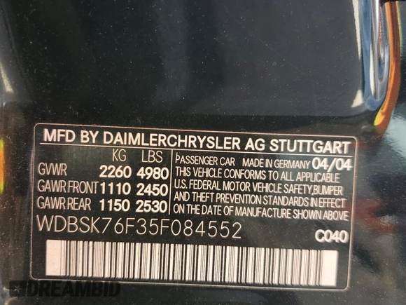2005 Mercedes-Benz SL with VIN WDBSK76F35F084552, listed as a Copart auction lot 77258574 with Not provided miles and Non repairable. Bid and sale history available at DreamBid. Image 13.