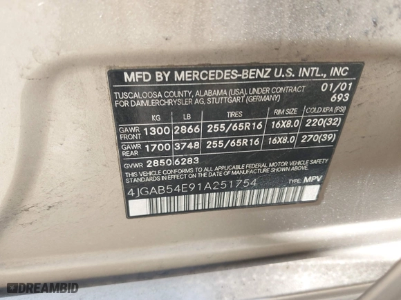 2001 Mercedes-Benz M-Class with VIN 4JGAB54E91A251754, listed as a IAAI auction lot 41784883 with 148,288 mi miles. Bid and sale history available at carsss.com. Image 9.