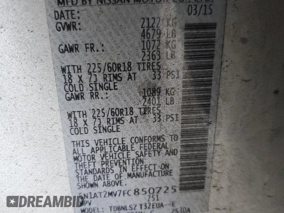 2015 Nissan Rogue SL z VIN 5N1AT2MV7FC850725, wystawiony jako Copart lot #54993195 z przebiegiem 98 804 mil mil oraz Szkoda całkowita • Salvage title. Historia ofert i sprzedaży dostępna na DreamBid. Obrazek 13.