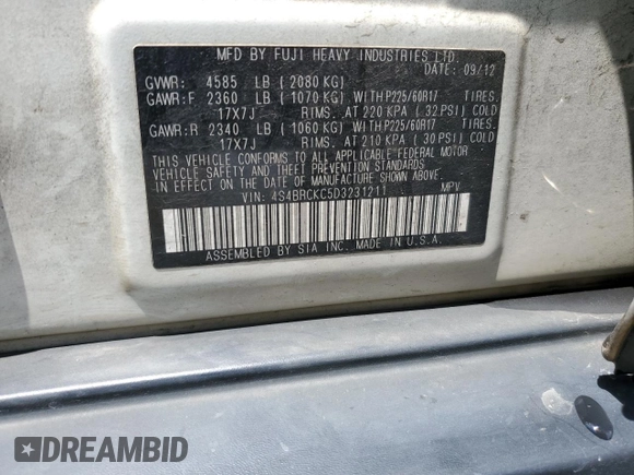 2013 Subaru Outback Limited with VIN 4S4BRCKC5D3231211, listed as a Copart auction lot 61009605 with 180,588 mi miles and Salvage title. Bid and sale history available at DreamBid. Image 13.