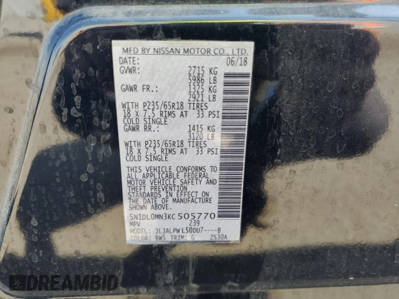 2019 Infiniti QX60 Pure z VIN 5N1DL0MN3KC505770, wystawiony jako Copart lot #70420364 z przebiegiem 67 756 mil mil oraz Szkoda całkowita • Salvage title. Historia ofert i sprzedaży dostępna na DreamBid. Obrazek 15.
