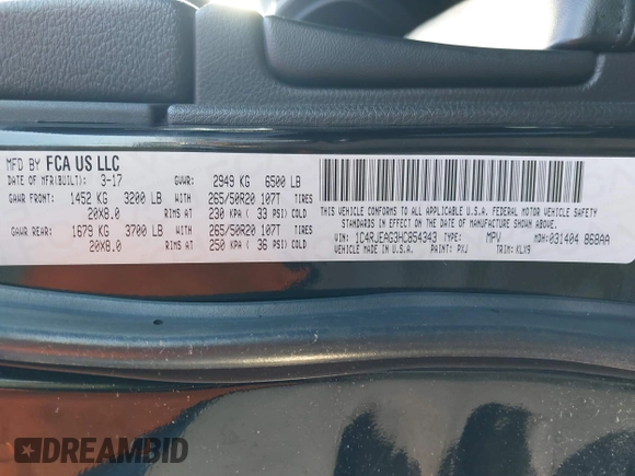 2017 Jeep Grand Cherokee Altitude with VIN 1C4RJEAG3HC854343, listed as a IAAI auction lot 42519303 with 136,721 mi miles and . Bid and sale history available at DreamBid. Image 9.