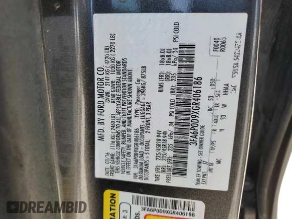 2016 Ford Fusion Titanium with VIN 3FA6P0D9XGR406186, listed as a Copart auction lot 50601175 with 207,220 mi miles and Salvage title. Bid and sale history available at DreamBid. Image 13.