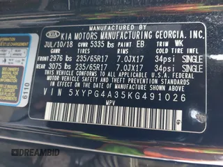 2019 Kia Sorento LX with VIN 5XYPG4A35KG491026, listed as a IAAI auction lot 41453463 with 129,709 mi miles. Bid and sale history available at carsss.com. Image 9.