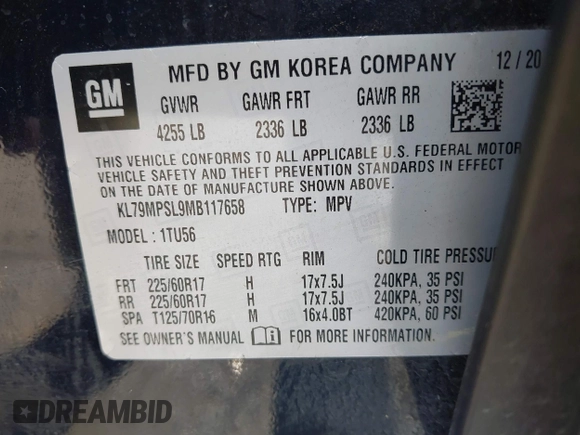 2021 Chevrolet TrailBlazer LT with VIN KL79MPSL9MB117658, listed as a IAAI auction lot 42076453 with 53,530 mi miles and . Bid and sale history available at DreamBid. Image 9.