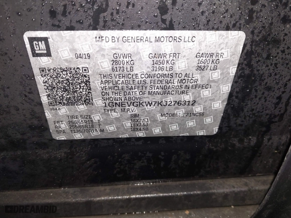 2019 Chevrolet Traverse LT Cloth with VIN 1GNEVGKW7KJ276312, listed as a IAAI auction lot 41925439 with 114,257 mi miles. Bid and sale history available at carsss.com. Image 9.