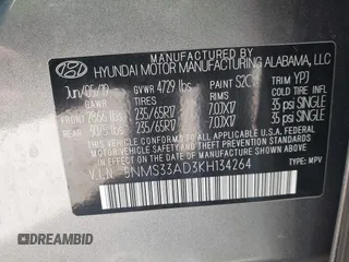 2019 Hyundai Santa Fe SEL with VIN 5NMS33AD3KH134264, listed as a IAAI auction lot 41848618 with Not Provided miles and . Bid and sale history available at DreamBid. Image 9.