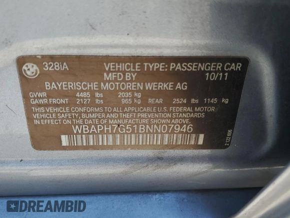 2011 BMW 3 Series 328i with VIN WBAPH7G51BNN07946, listed as a Copart auction lot 64558545 with Not provided miles and Salvage title. Bid and sale history available at DreamBid. Image 12.