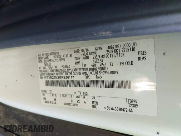 2016 Ford Transit с VIN 1FTYR2ZM8GKB56117, выставлен на аукционе IAAI как лот 41505969 с пробегом 362 103 миль миль и . История ставок и продаж доступна на DreamBid. Изображение 9.