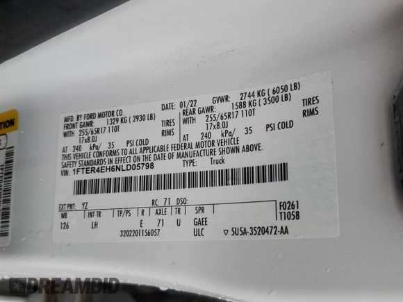 2022 Ford Ranger XL with VIN 1FTER4EH6NLD05798, listed as a Copart auction lot 58361605 with 109,491 mi miles and Salvage title. Bid and sale history available at DreamBid. Image 13.