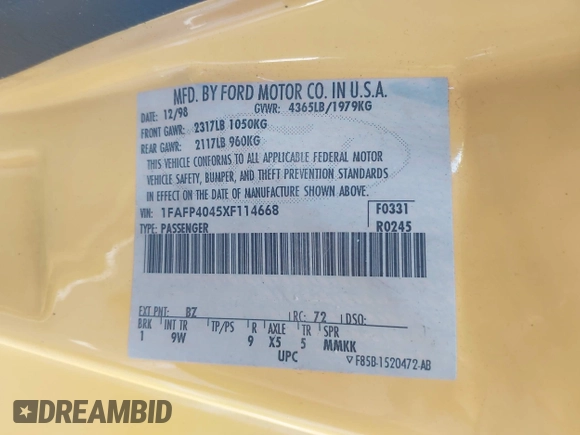 1999 Ford Mustang z VIN 1FAFP4045XF114668, wystawiony jako IAAI lot #42131503 z przebiegiem 277 529 mil mil oraz . Historia ofert i sprzedaży dostępna na DreamBid. Obrazek 9.