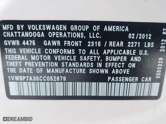 2012 Volkswagen Passat SE with VIN 1VWBP7A35CC052679, listed as a IAAI auction lot 41268199 with 125,691 mi miles. Bid and sale history available at carsss.com. Image 9.
