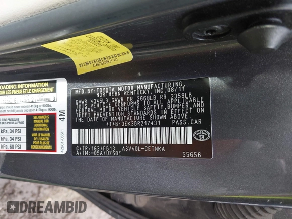 2011 Toyota Camry LE with VIN 4T4BF3EK3BR217431, listed as a IAAI auction lot 41676801 with 143,523 mi miles. Bid and sale history available at carsss.com. Image 9.