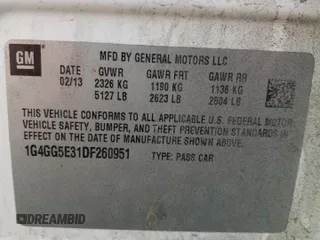 2013 Buick LaCrosse Premium 1 with VIN 1G4GG5E31DF260951, listed as a Copart auction lot 49070785 with 155,909 mi miles and Salvage title. Bid and sale history available at DreamBid. Image 13.