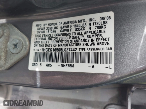 2005 Honda Civic LX with VIN 1HGES16505L027442, listed as a IAAI auction lot 41995564 with 165,828 mi miles and . Bid and sale history available at DreamBid. Image 9.