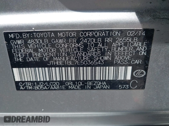 2014 Lexus GS 350 with VIN JTHBE1BL7E5036543, listed as a IAAI auction lot 42115869 with 130,300 mi miles and . Bid and sale history available at DreamBid. Image 9.