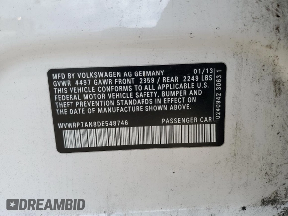 2013 Volkswagen CC Lux with VIN WVWRP7AN8DE548746, listed as a Copart auction lot 51111455 with 131,974 mi miles and Salvage title. Bid and sale history available at DreamBid. Image 13.