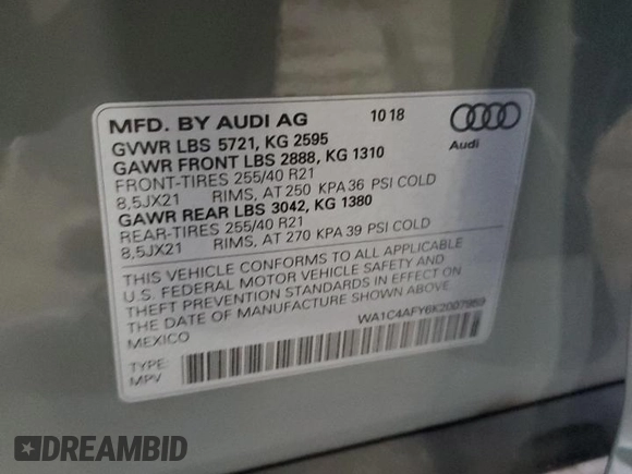 2019 Audi SQ5 Prestige with VIN WA1C4AFY6K2007959, listed as a Copart auction lot 81165313 with 47,470 mi miles and . Bid and sale history available at DreamBid. Image 12.