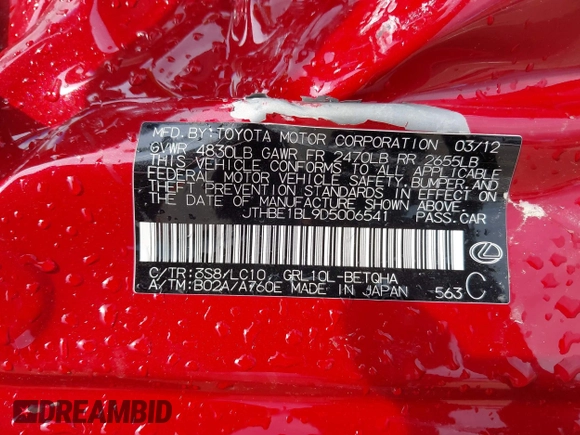 2013 Lexus GS 350 z VIN JTHBE1BL9D5006541, wystawiony jako IAAI lot #42160119 z przebiegiem 116 605 mil mil oraz . Historia ofert i sprzedaży dostępna na DreamBid. Obrazek 9.