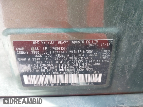 2013 Subaru Outback 2.5i with VIN 4S4BRCAC3D3264905, listed as a IAAI auction lot 42825698 with 118,504 mi miles and . Bid and sale history available at DreamBid. Image 9.