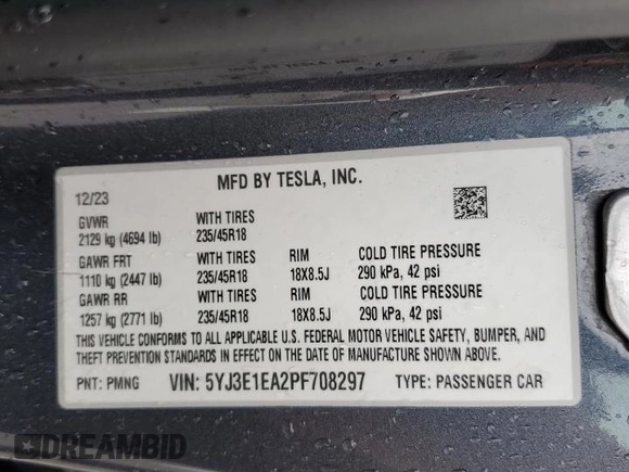 2023 Tesla Model 3 with VIN 5YJ3E1EA2PF708297, listed as a Copart auction lot 47982675 with 16,246 mi miles and Salvage title. Bid and sale history available at DreamBid. Image 14.
