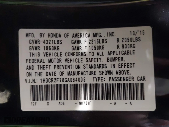 2016 Honda Accord EX with VIN 1HGCR2F78GA064005, listed as a IAAI auction lot 41714544 with 153,072 mi miles. Bid and sale history available at carsss.com. Image 9.