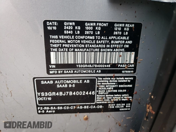 2011 Saab 9-5 Aero XWD with VIN YS3GR4BJ7B4002446, listed as a Copart auction lot 74962954 with 0 mi miles and Salvage Title. Bid and sale history available at carsss.com. Image 13.