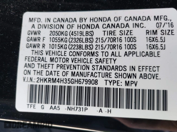 2016 Honda CR-V LX with VIN 2HKRM4H35GH679908, listed as a IAAI auction lot 41756868 with 167,951 mi miles. Bid and sale history available at carsss.com. Image 9.