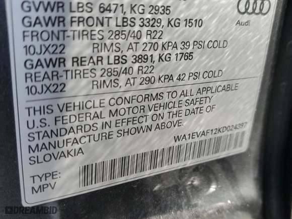 2019 Audi Q8 Premium Plus with VIN WA1EVAF12KD024397, listed as a Copart auction lot 51110173 with 35,208 mi miles. Bid and sale history available at carsss.com. Image 14.