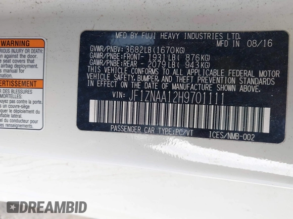 2017 Toyota 86 z VIN JF1ZNAA12H9701111, wystawiony jako IAAI lot #42016381 z przebiegiem 58 948 mil mil oraz . Historia ofert i sprzedaży dostępna na DreamBid. Obrazek 9.