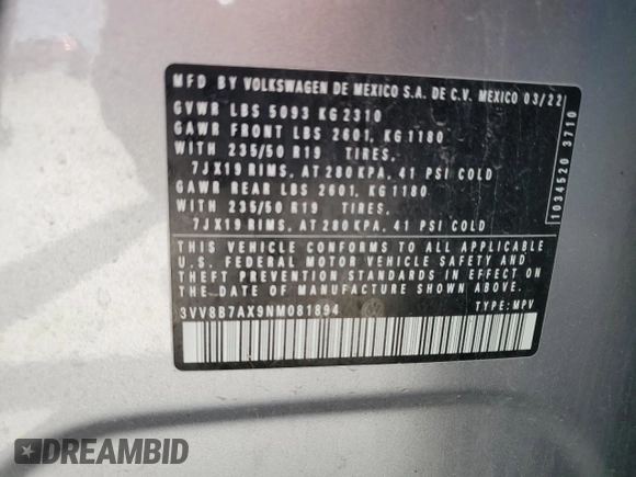2022 Volkswagen Tiguan SE R-Line Black with VIN 3VV8B7AX9NM081894, listed as a Copart auction lot 56132245 with 74,053 mi miles and Salvage title. Bid and sale history available at DreamBid. Image 13.