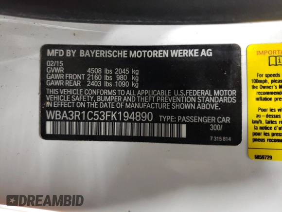 2015 BMW 4 Series 435i with VIN WBA3R1C53FK194890, listed as a Copart auction lot 87603825 with 126,991 mi miles and Salvage Title. Bid and sale history available at DreamBid. Image 13.