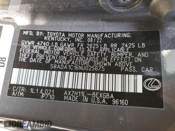 2022 Lexus ES 300h with VIN 58ADA1C16NU025675, listed as a Copart auction lot 54412515 with 33,917 mi miles and Salvage title. Bid and sale history available at DreamBid. Image 12.