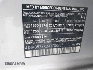 2003 Mercedes-Benz M 350 with VIN 4JGAB57EX3A435535, listed as a IAAI auction lot 42099551 with 205,226 mi miles and . Bid and sale history available at DreamBid. Image 9.