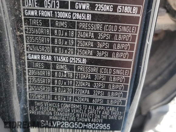 2013 Land Rover Range Rover Evoque Pure Plus z VIN SALVP2BG5DH802955, wystawiony jako Copart lot #57720295 z przebiegiem 188 139 mil mil oraz Czysty tytuł • Clean title. Historia ofert i sprzedaży dostępna na DreamBid. Obrazek 14.