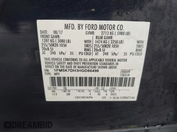 2017 Ford Explorer XLT with VIN 1FM5K7DH3HGD86498, listed as a IAAI auction lot 42002252 with 232,008 mi miles and . Bid and sale history available at DreamBid. Image 9.